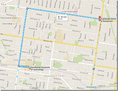 Map showing route from motel to campus
