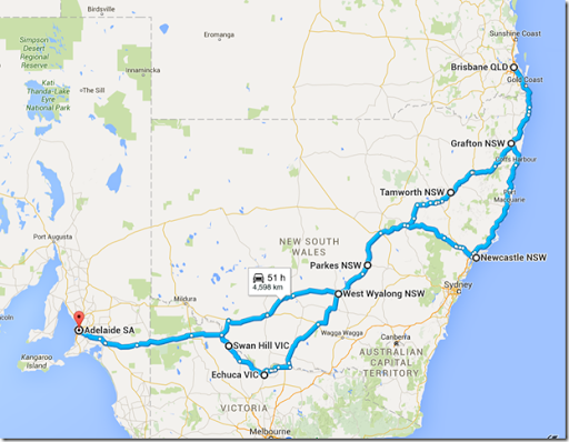 Map showing route from Adelaide to Brisbane and back again