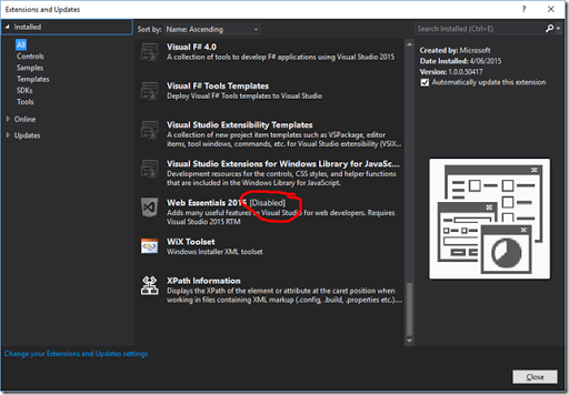 Visual Studio Extensions and Updates dialog, showing disabled extension