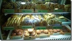 Cakes and slices in bakery display