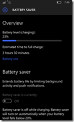Windows Phone 10, Battery Status showing 23% left