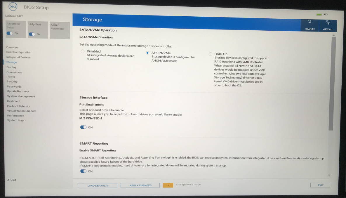 UEFI BIOS settings, storage screen