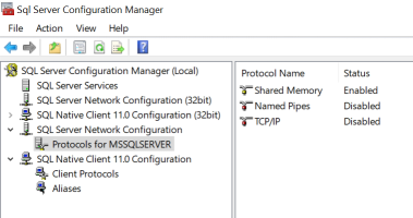 SQL Server Configuration Manager, showing Protocols node