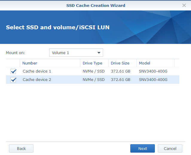 SSD Cache Creation Wizard - Select SSD and volume/iSCSI LUN