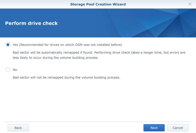 Storage Pool Creation Wizard - Perform drive check