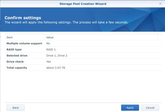 Storage Pool Creation Wizard - Confirm settings