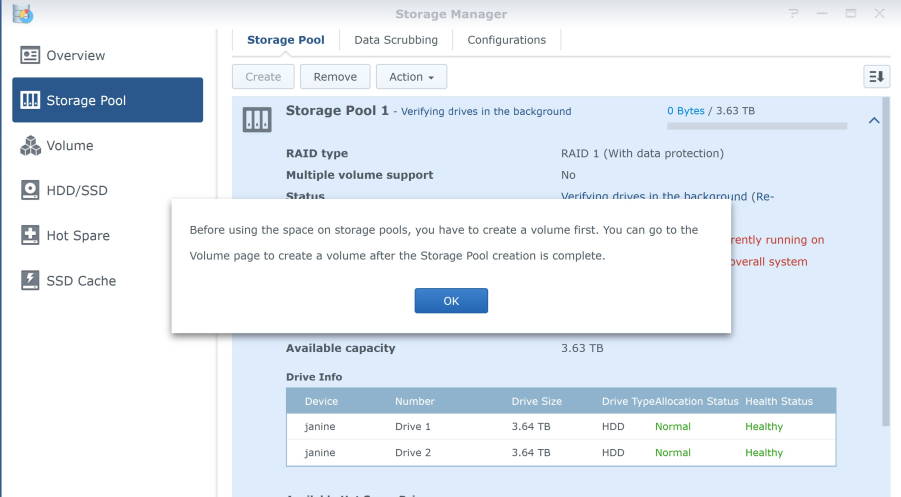 Storage Manager - Storage Pool being created