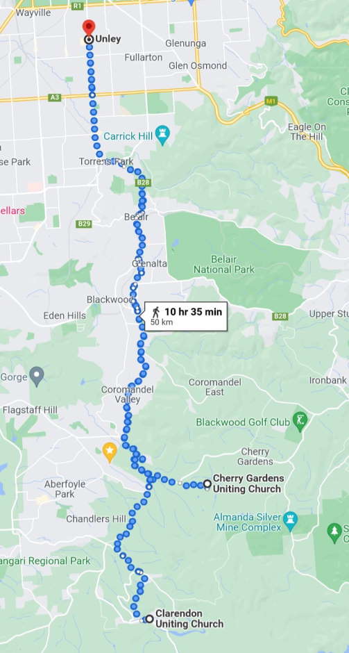 Map showing trip from Unley to Cherry Gardens and Clarendon