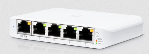 USW Flex Mini 5-port switch viewed from front showing network ports and LED status lights