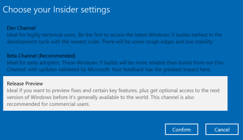 Screenshot of the dialog "Choose your Insider settings", with "Release preview" highlighted