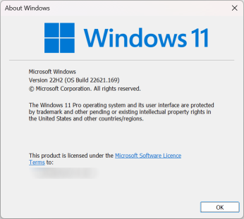 Screenshot of 'About Windows' app, showing "Windows 11 Microsoft Windows Version 22H2 (OS Build 22621.169)"