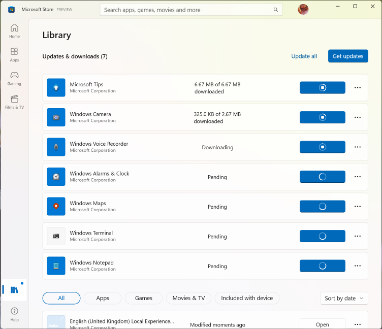 Screenshot of Microsoft Store app, showing updates being downloaded