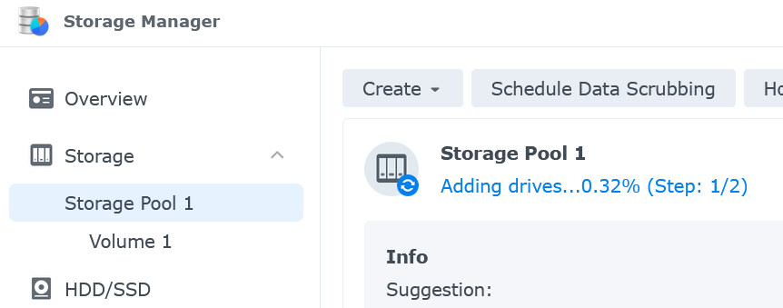 Storage manager, showing the progress of a new drive being added