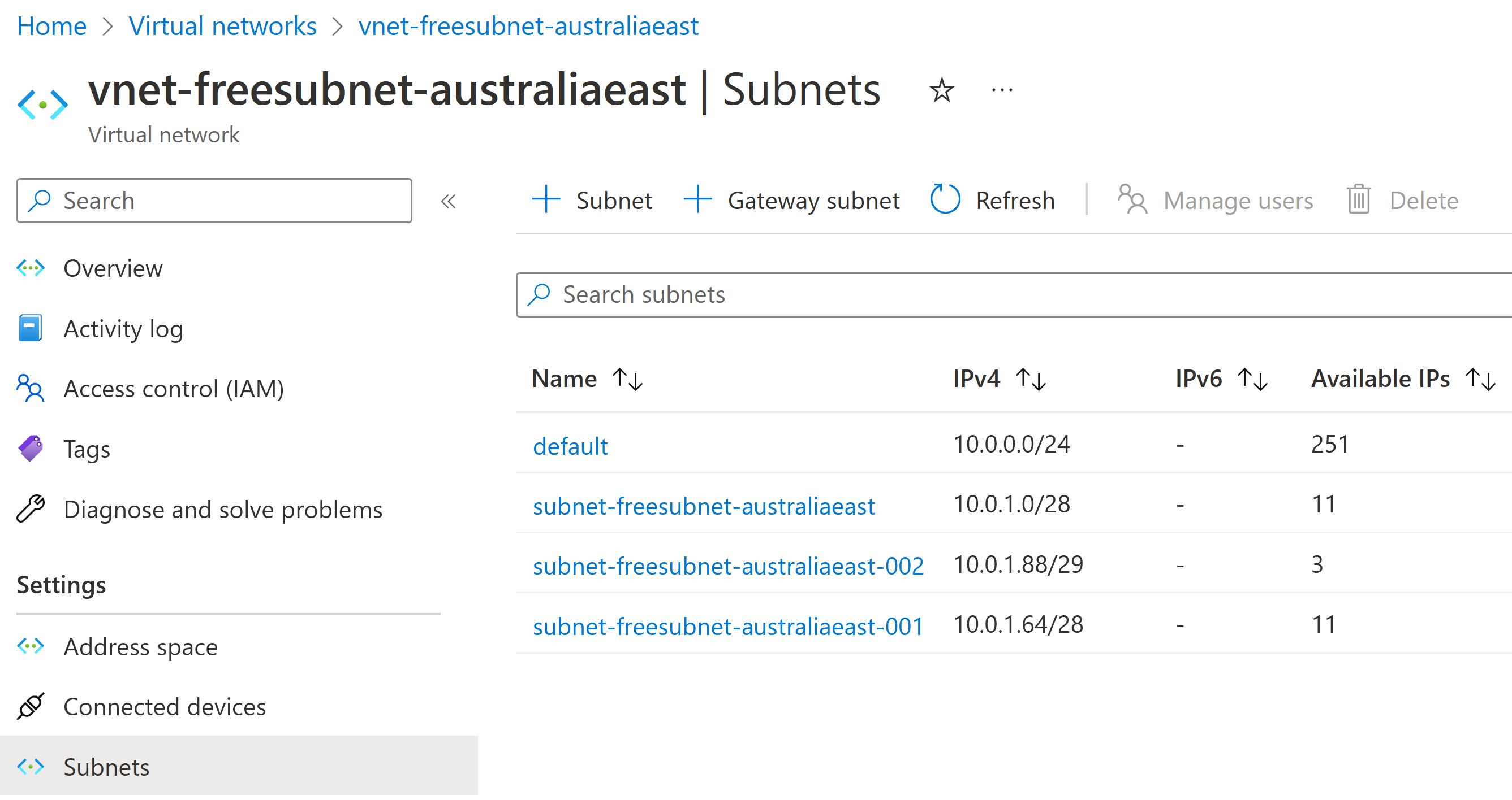 Azure Virtual Network with a list of subnets