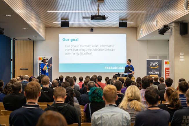 David and Andrew standing in front of a seated crowd at DDD 2019