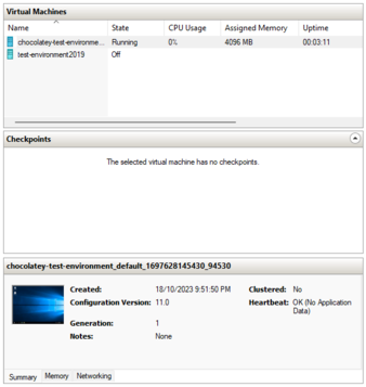 Windows Hyper-V Manager showing chocolatey-test-environment VM running