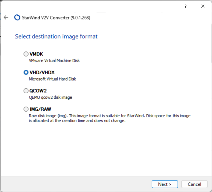 StarWind V2V Conversion Wizard - Select destination image format, VHD/VHDX