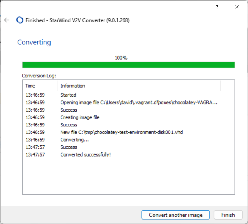 StarWind V2V Conversion Wizard - Conversion progress 100% complete