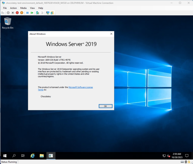 Screenshot of connection to virtual machine, showing 'About Windows' dialog with Windows Server 2019