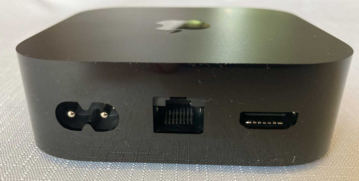 Apple TV device - rear view showing HDMI, Ethernet and power sockets