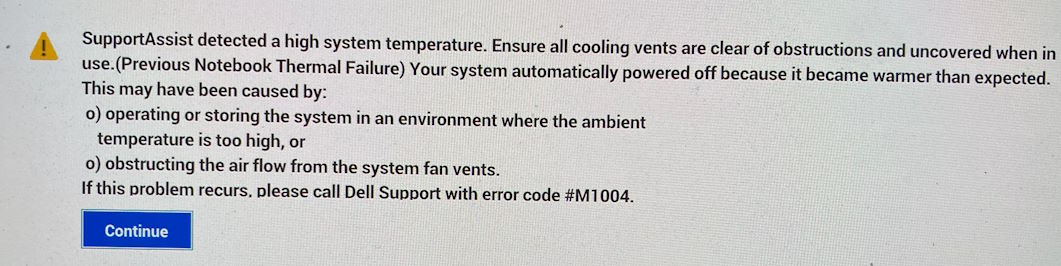 Screenshot of SupportAssist error message indicating a high system temperature caused system to be automatically powered off