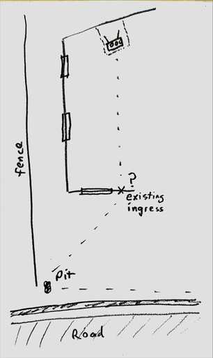 Diagram of pit, existing conduit into house, and storeroom at back of house