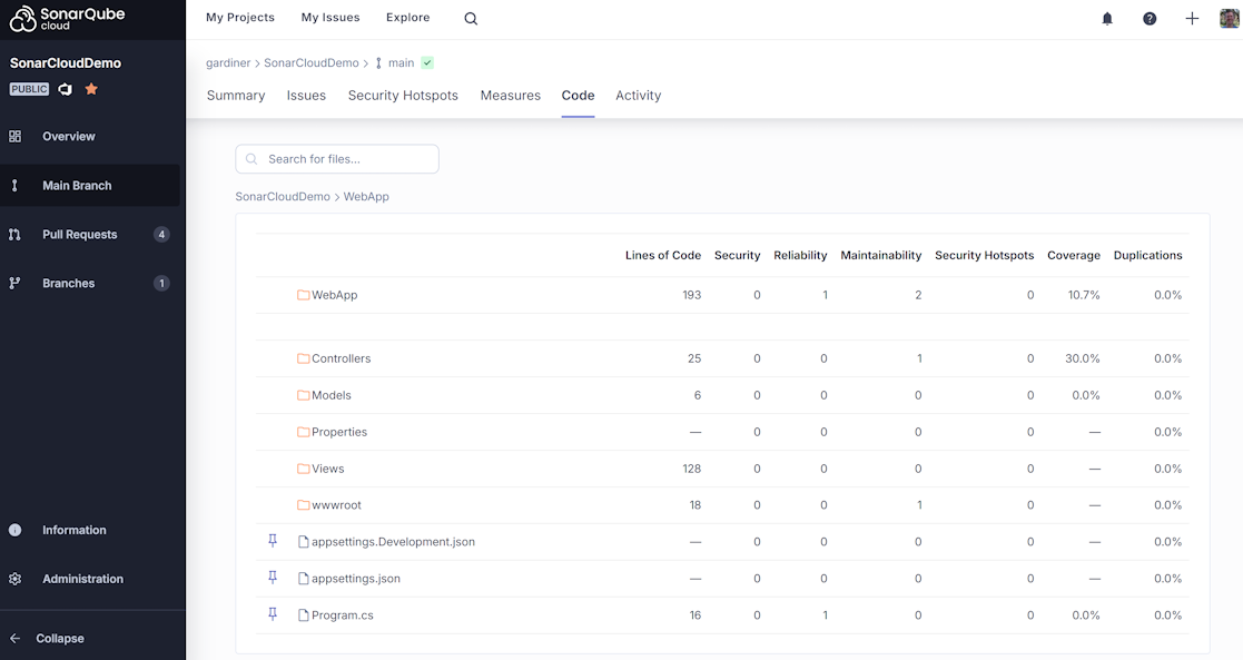 SonarCloud pull request file code coverage summary