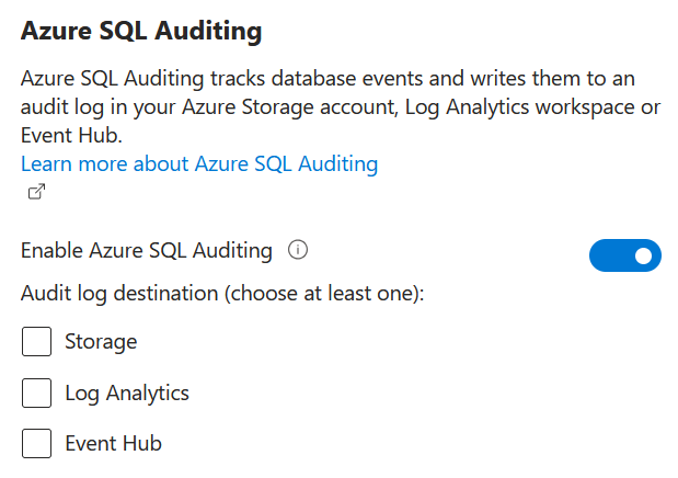 Screenshot of Azure SQL Auditing portal page, showing auditing enabled, but no data stores selected