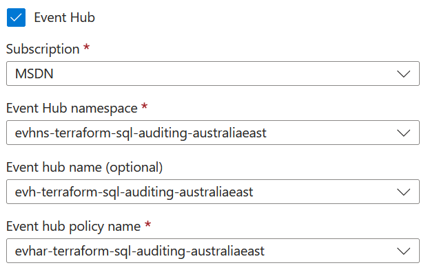 Screenshot showing Event Hub destination in the Azure Portal